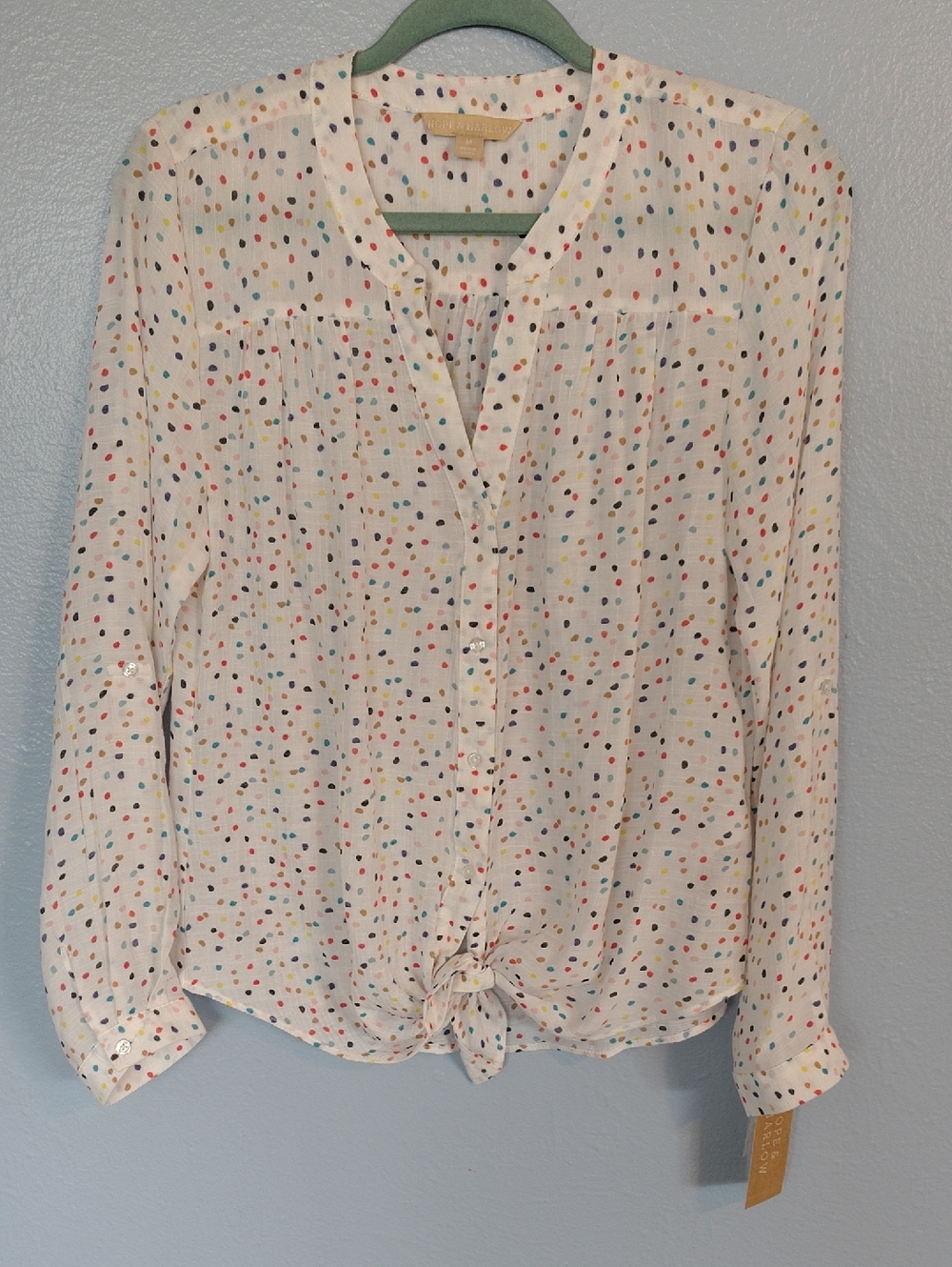 Harlow White Button-Front Blouse with Multicolor Dot Print